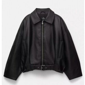 Pull&Bear Black Leather Zip Jacket with Belted Hem